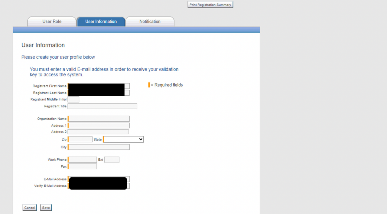 Enter or update information in required fields, which are highlighted in orange. Then click the "Save" button.