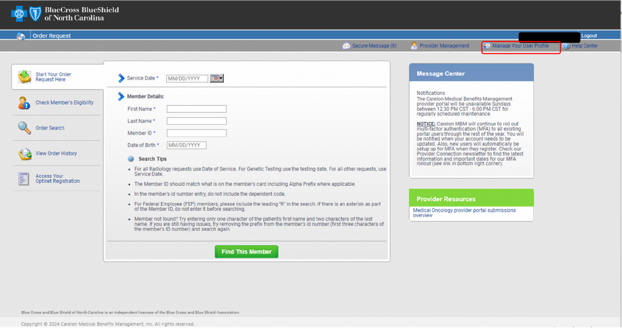 In the Carelon portal, select "Manage Your User Profile" button.